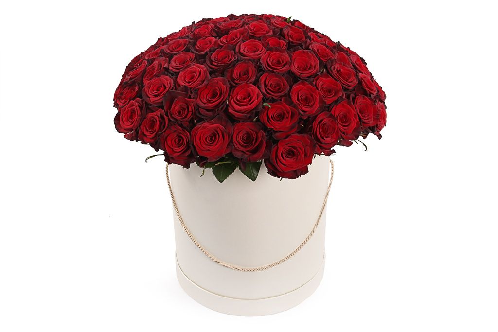 Букет из 101 красной розы Ред Париж в шляпной коробке от СоюзЦветТорг