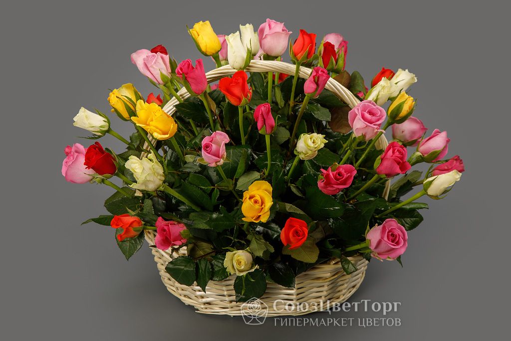 Букет из 51 розы в корзине Цвет радуги от СоюзЦветТорг