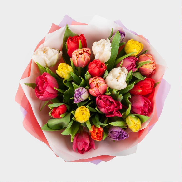 Букет 25 тюльпанов микс, в радужной упаковке Букет 25 тюльпанов микс, в радужной упаковке